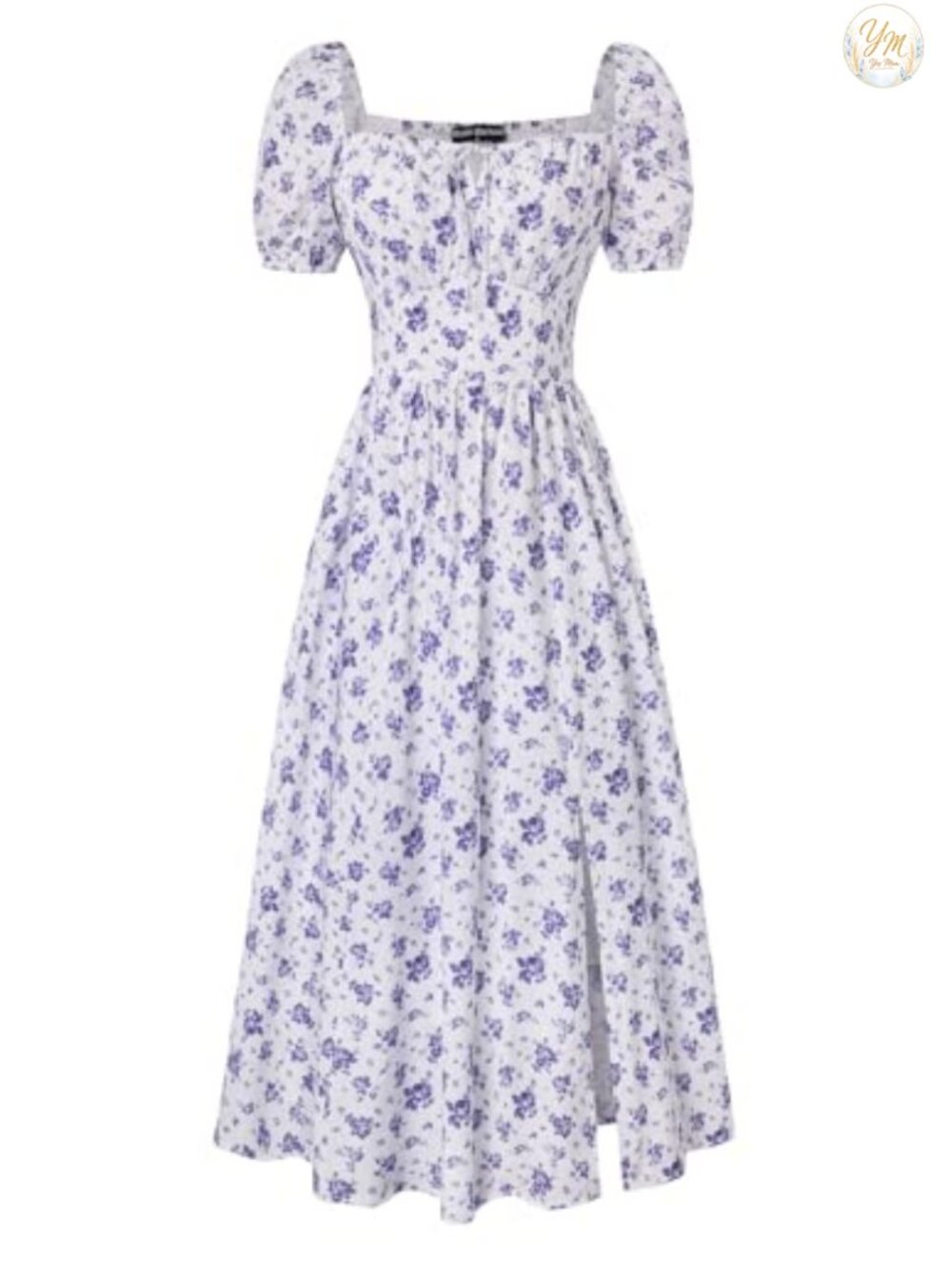 Floral Corset Midi Dress Square Neck Puff Sleeve Split with Pockets
